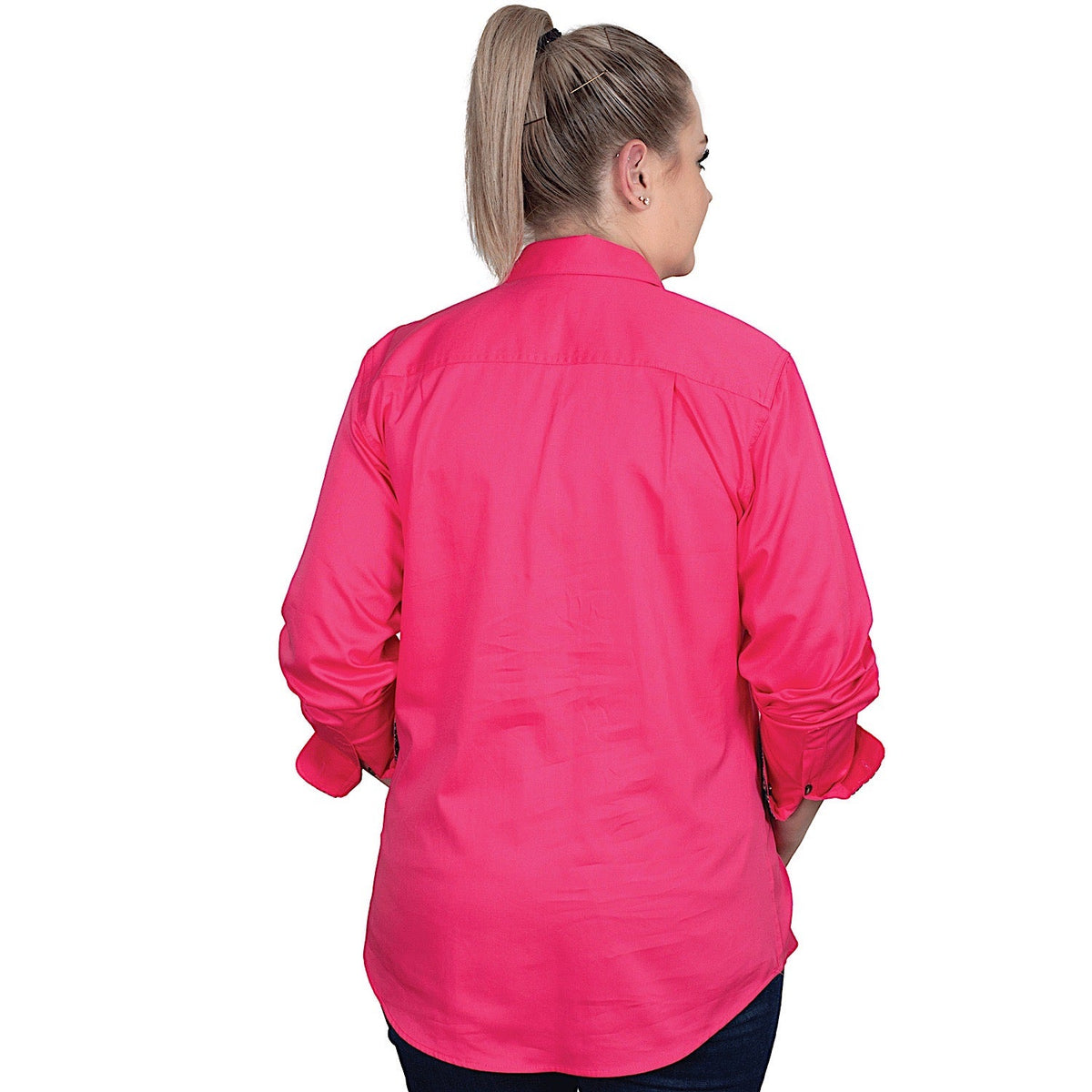 Just Country Women’s Jahna Trim Half Button Work Shirt - Hot Pink/Navy Meadow Flowers