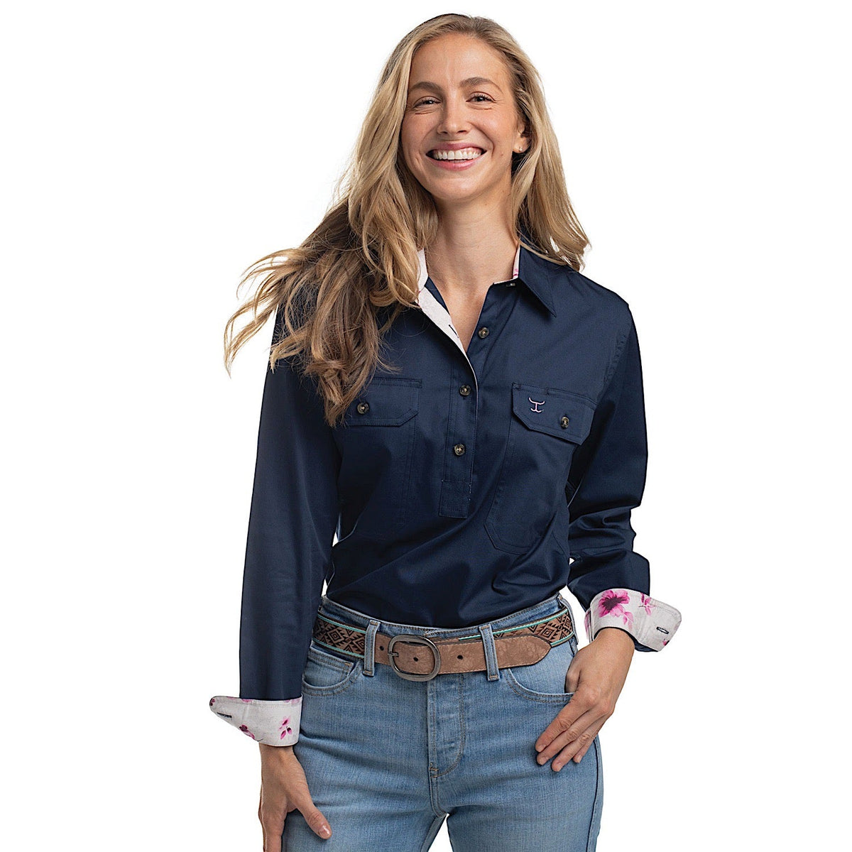 Just Country Women’s Jahna Trim Half Button Workshirt - Navy/Magenta Violets