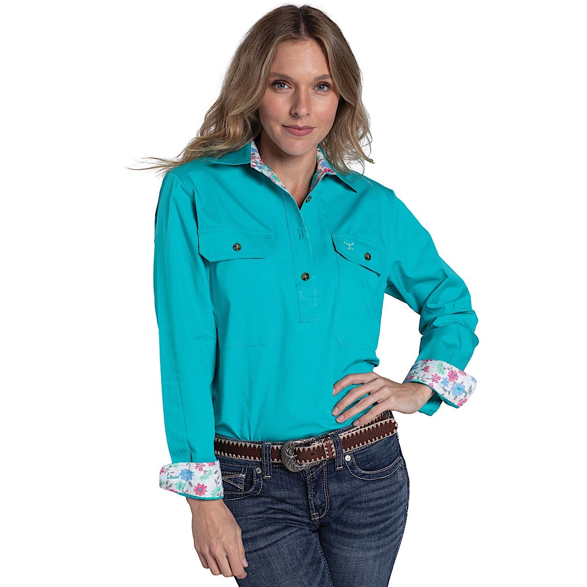 Just Country Women’s Jahna Trim Half Button Workshirt - Turquoise