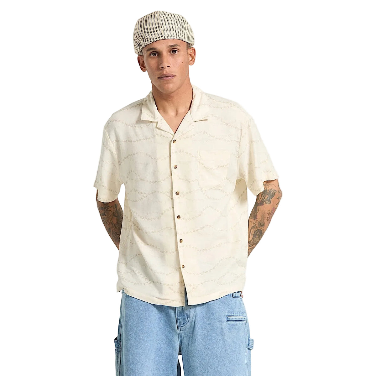 Brixton Men's Bunker Slub Short Sleeve Shirt - Whitecap/Black Swallows