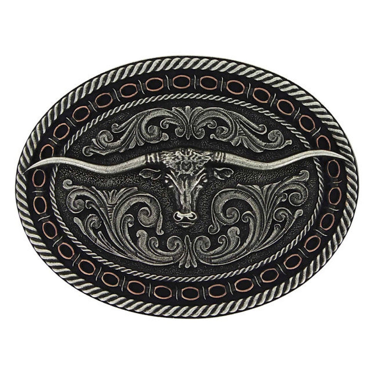 Montana Silversmiths Two Toned Antiqued Round Barbed Longhorn Attitude Buckle