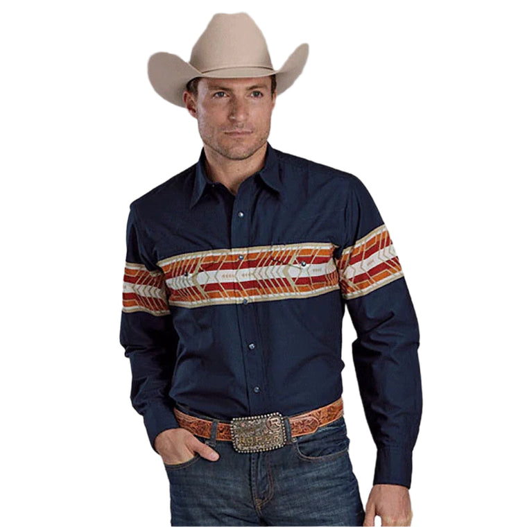 Roper Men's Aztec Border Print Shirt - Navy Blue