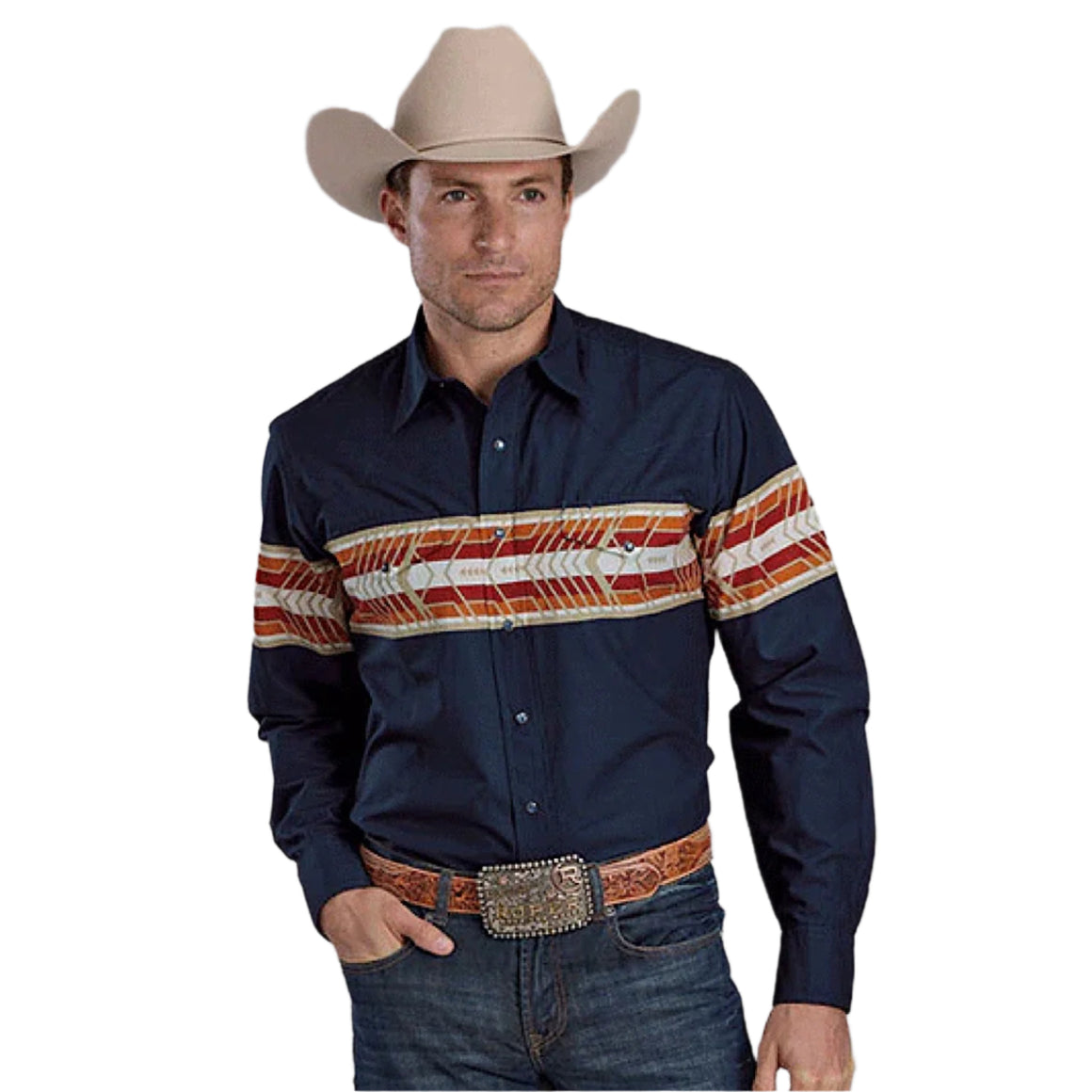 Roper Men's Aztec Border Print Shirt - Navy Blue