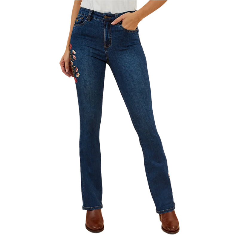 Ringers Western Women’s Penny Rodeo High Rise Bootleg Jean - Classic Blue Floral Embroidery