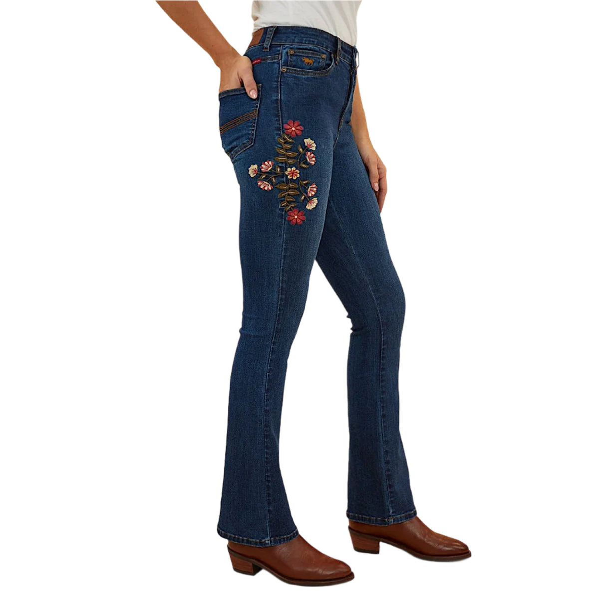 Ringers Western Women’s Penny Rodeo High Rise Bootleg Jean - Classic Blue Floral Embroidery