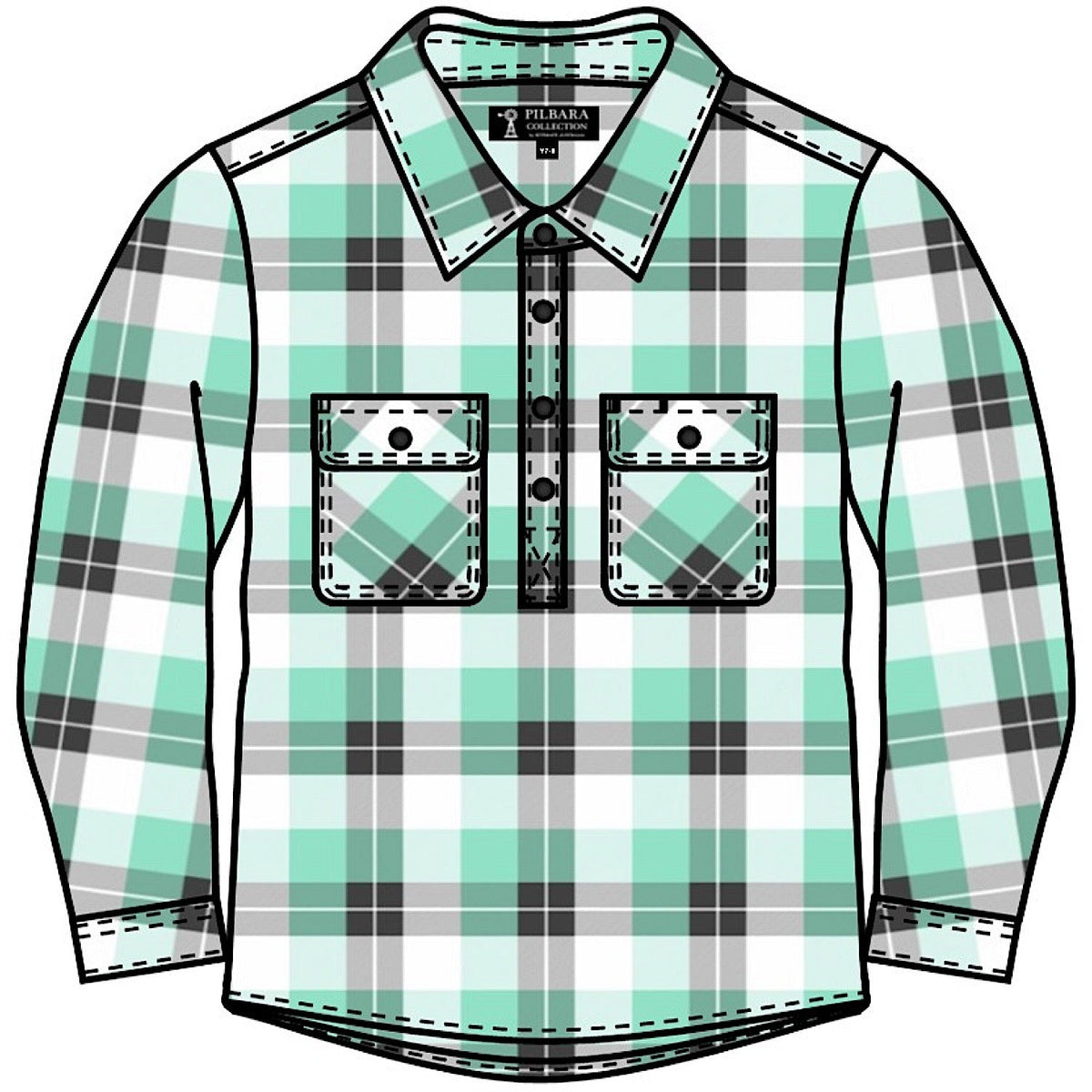 Pilbara Kid’s Closed Front Flannelette Shirt - Beach Glass/Grey/White
