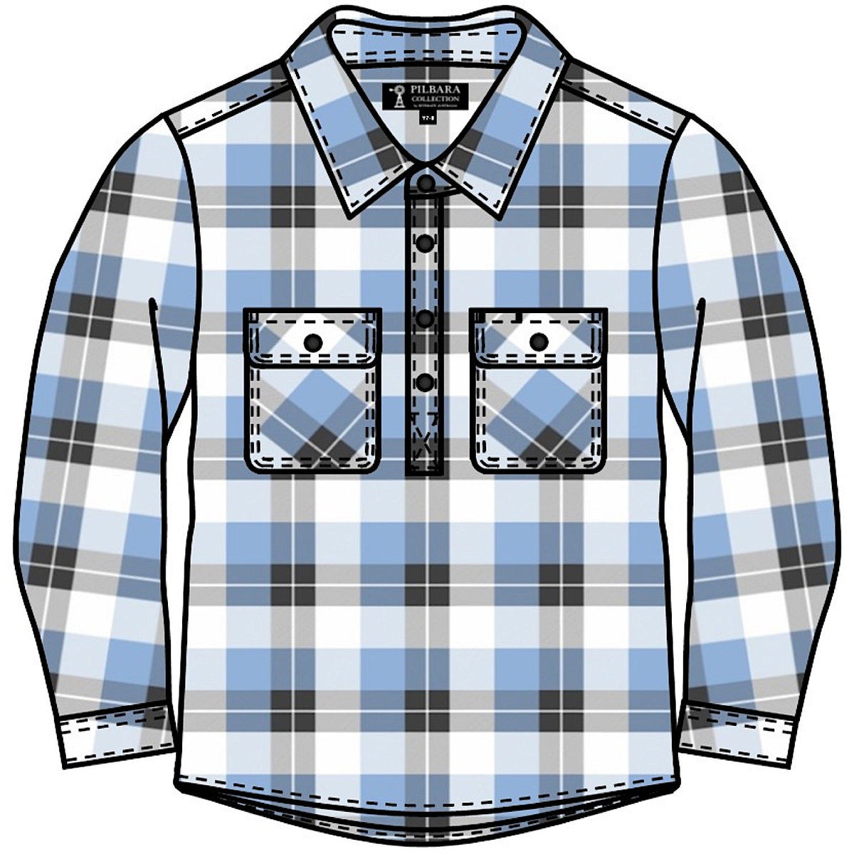 Pilbara Kid’s Closed Front Flannelette Shirt - Cerulean/Grey/White