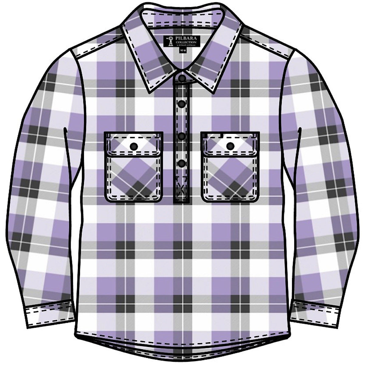 Pilbara Kid’s Closed Front Flannelette Shirt - Purple Rose/Grey/White