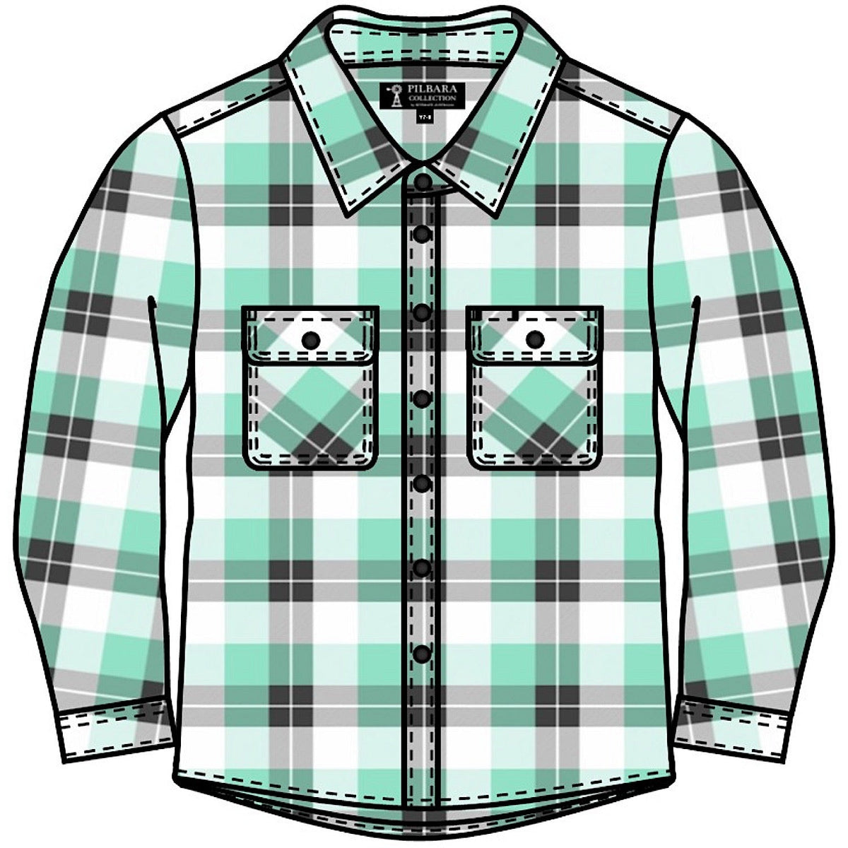 Pilbara Kid’s Open Front Flannelette Shirt - Beach Glass/Grey/White