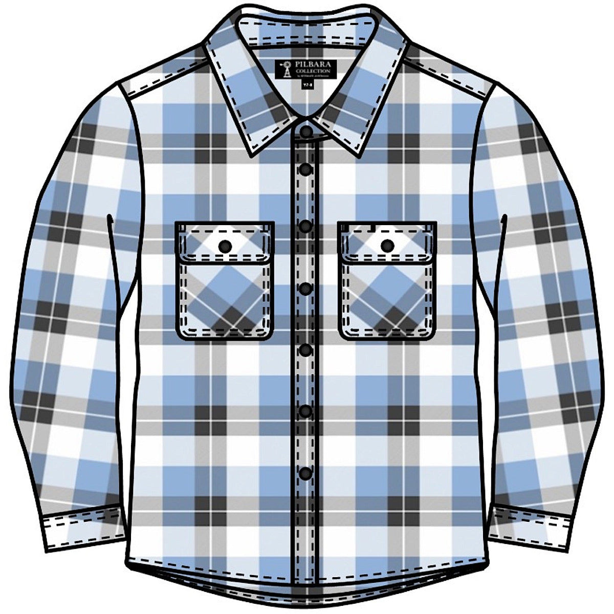 Pilbara Kid’s Open Front Flannelette Shirt - Cerulean/Grey/White