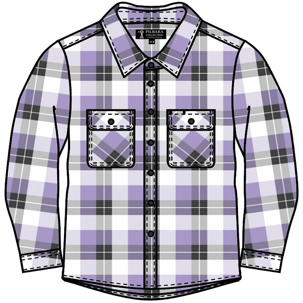 Pilbara Kid’s Open Front Flannelette Shirt - Purple Rose/Grey/White