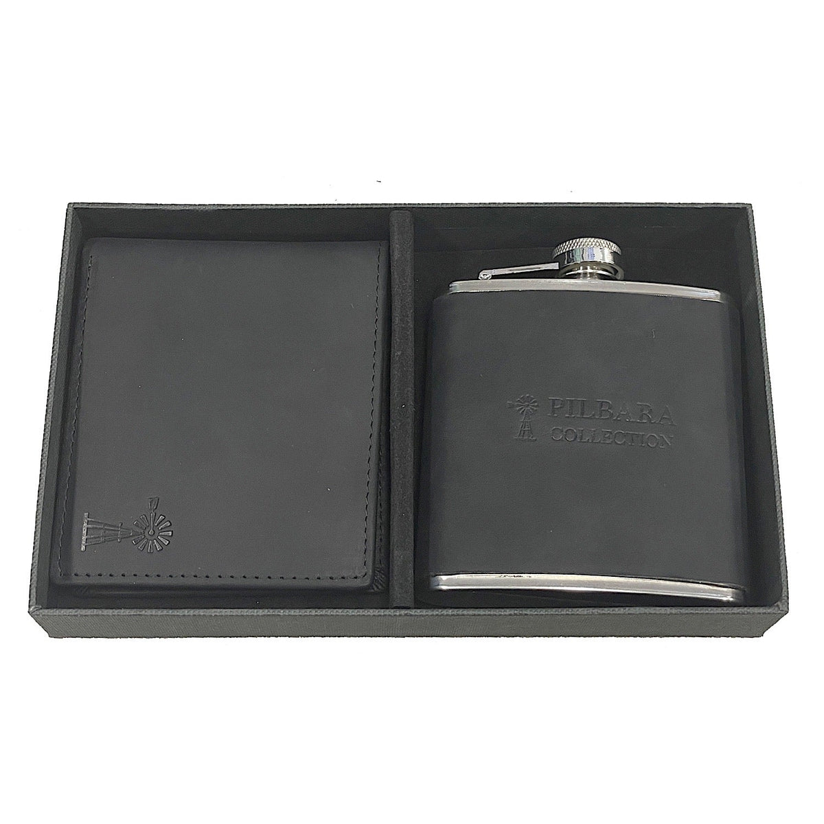Pilbara Leather Wallet & Hip Flask - Black