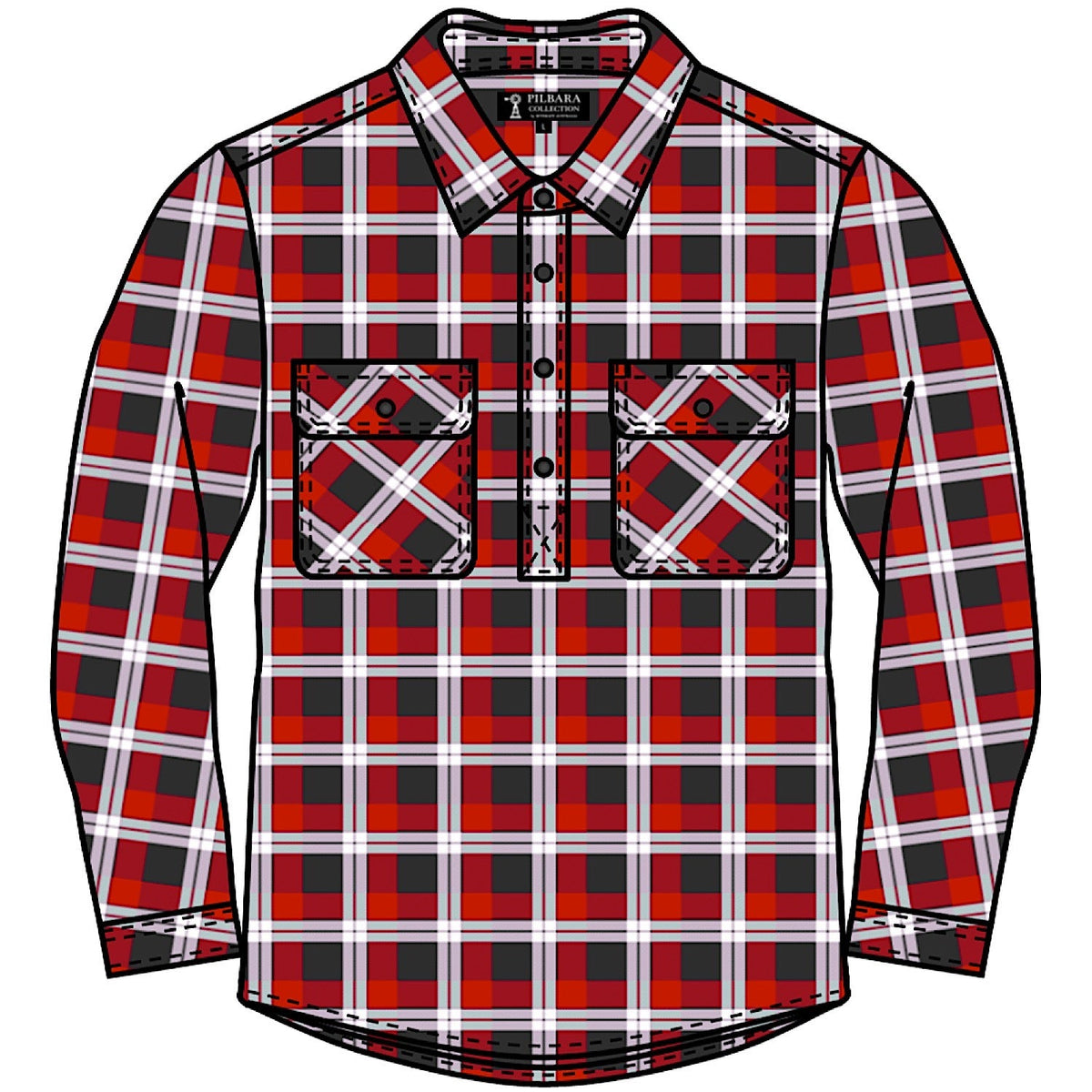 Pilbara Men’s Closed Front Flannelette Shirt - Red/Charcoal/White