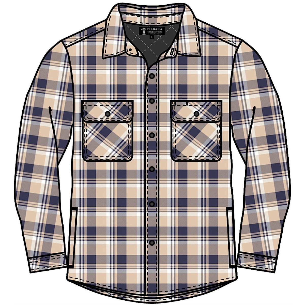 Pilbara Men’s Full Button Flannelette Quilted Shirt - Navy / Beige / White