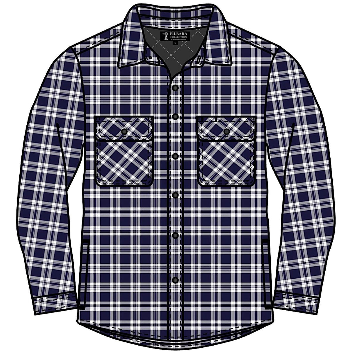 Pilbara Men’s Full Button Flannelette Quilted Shirt - Navy / White
