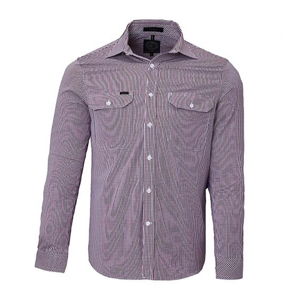 Pilbara Mens L/S Dual Pocket Checked Shirt - Red Navy White