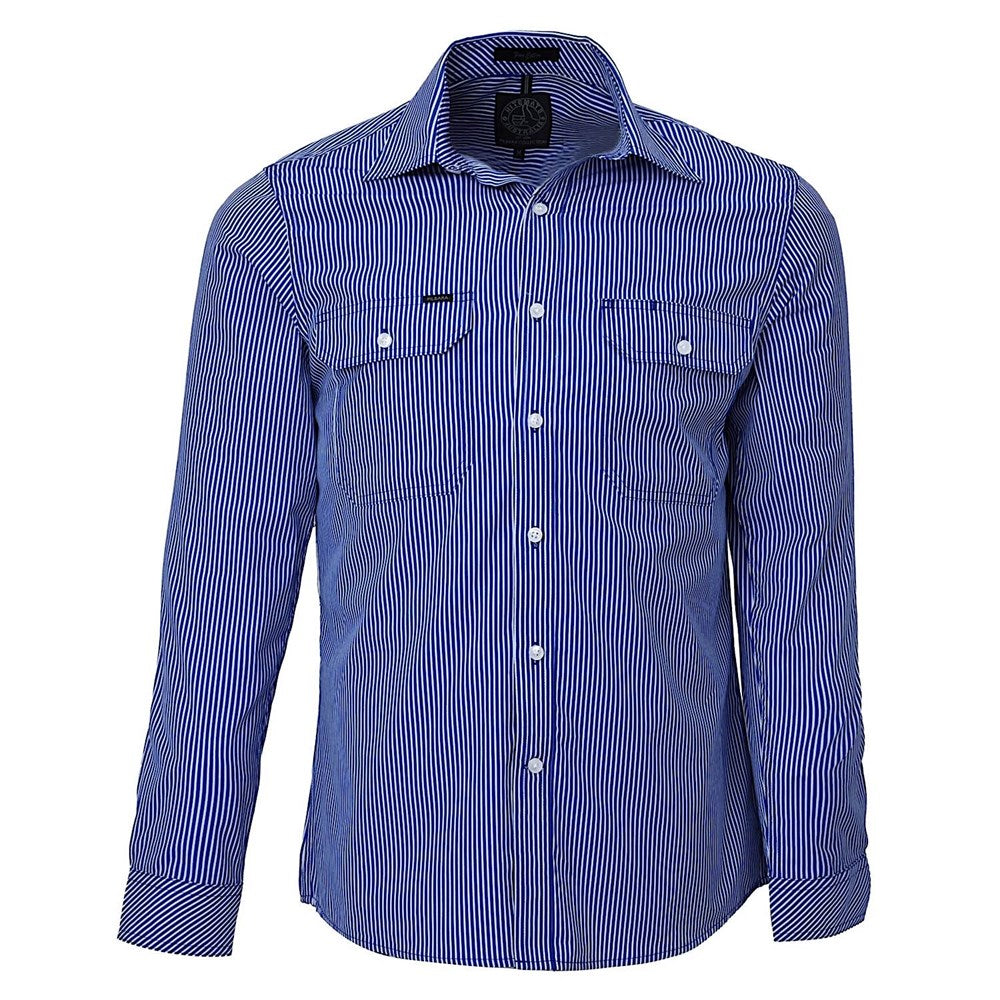 Pilbara Mens L/S Dual Pocket Royal-White Stripe
