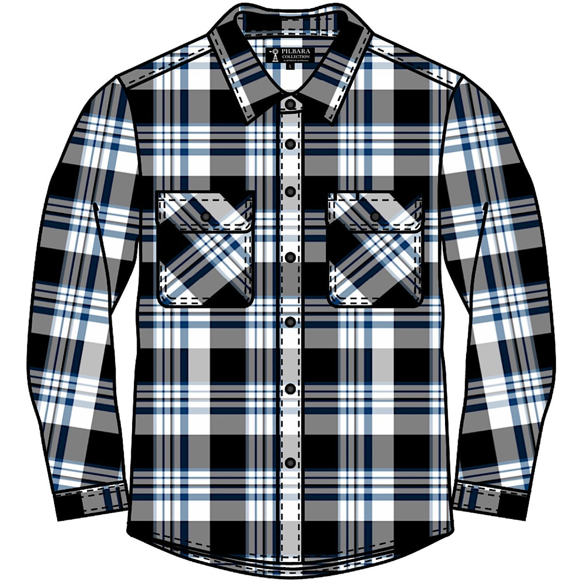 Pilbara Men’s Open Front Flannelette Shirt - Black/White/Slate/Blue