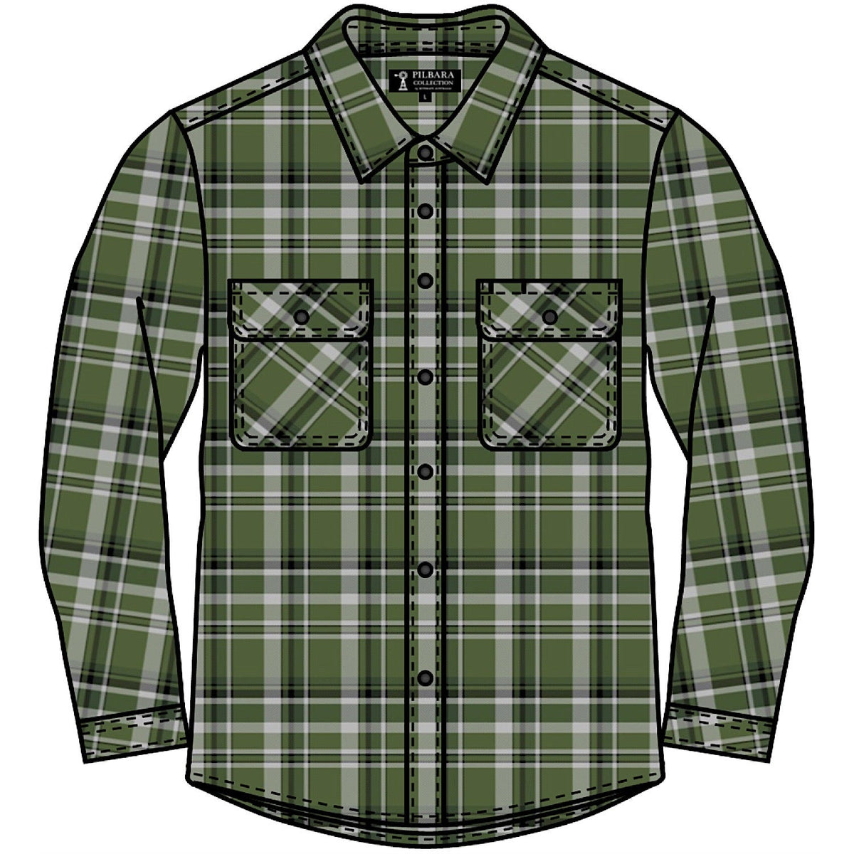 Pilbara Mens Open Front Flannelette Shirt - Green/Grey/Black