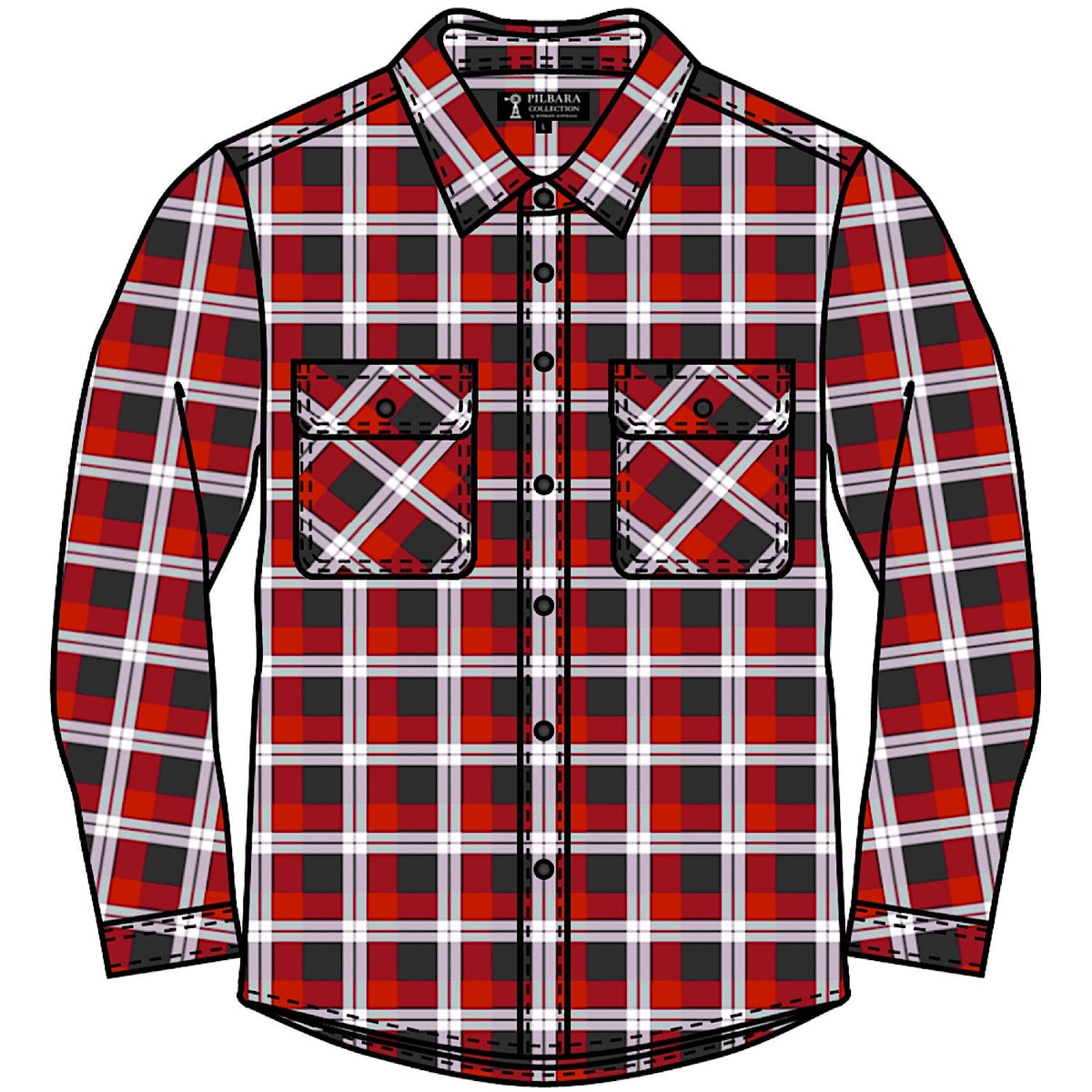 Pilbara Men’s Open Front Flannelette Shirt - Red/Charcoal/White
