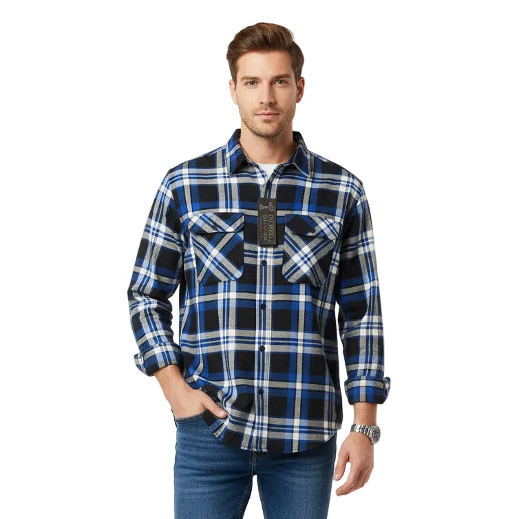 Pilbara Men’s Open Front Flannelette Shirt - Royal / Navy / White