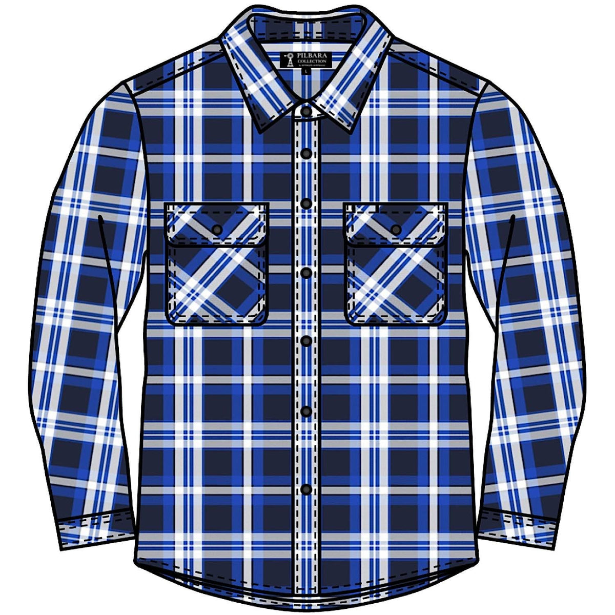 Pilbara Men’s Open Front Flannelette Shirt - Royal / Navy / White