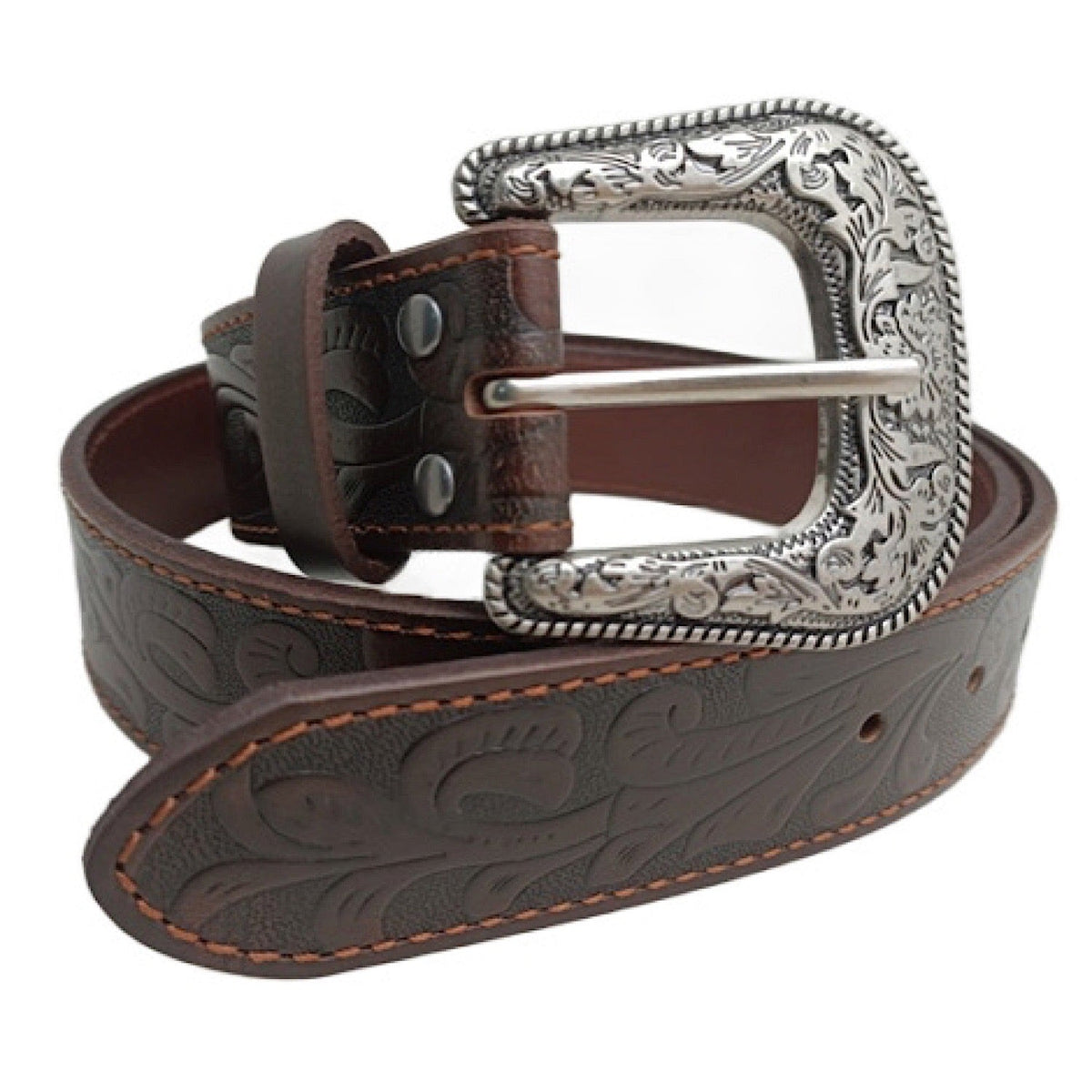 Pilbara Western Dress Buckle Tooled Leather Belt - Dark Brown