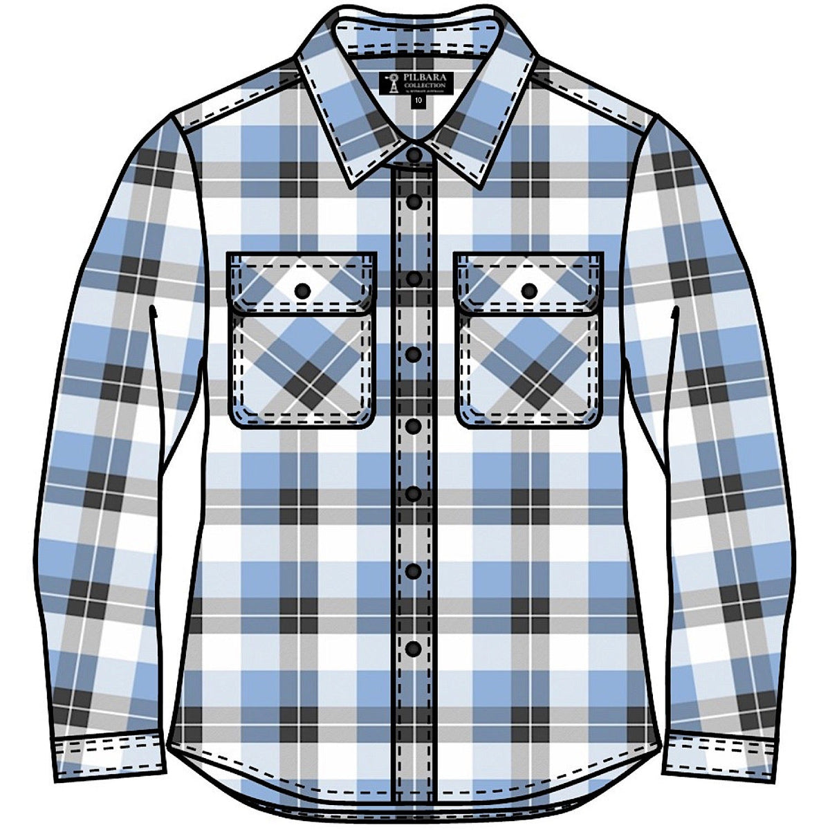 Pilbara Women’s Open Front Flannelette Shirt - Cerulean/Grey/White