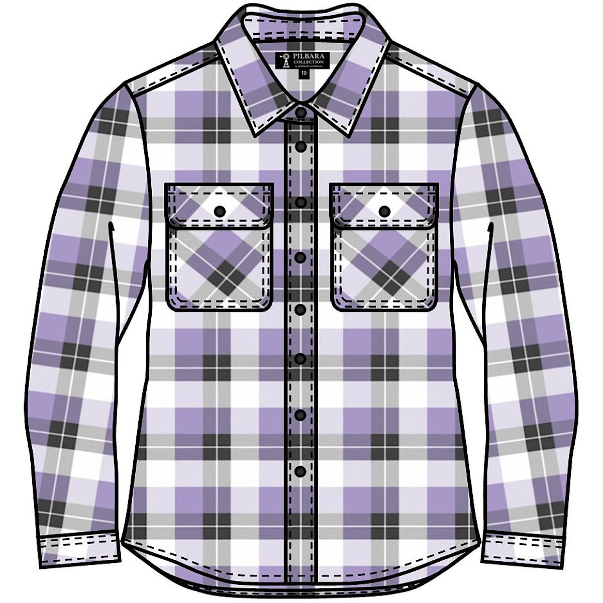Pilbara Women’s Open Front Flannelette Shirt - Purple Rose/Grey/White