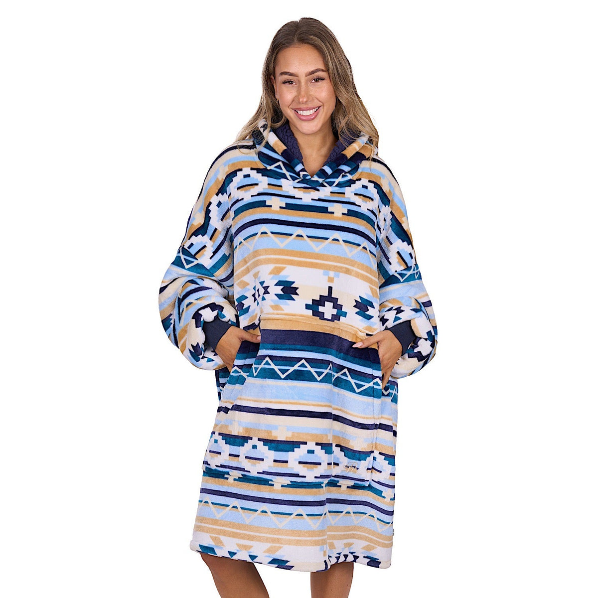 Pure Western Adults Aztec Snuggle Hoodie - Natural/Blue