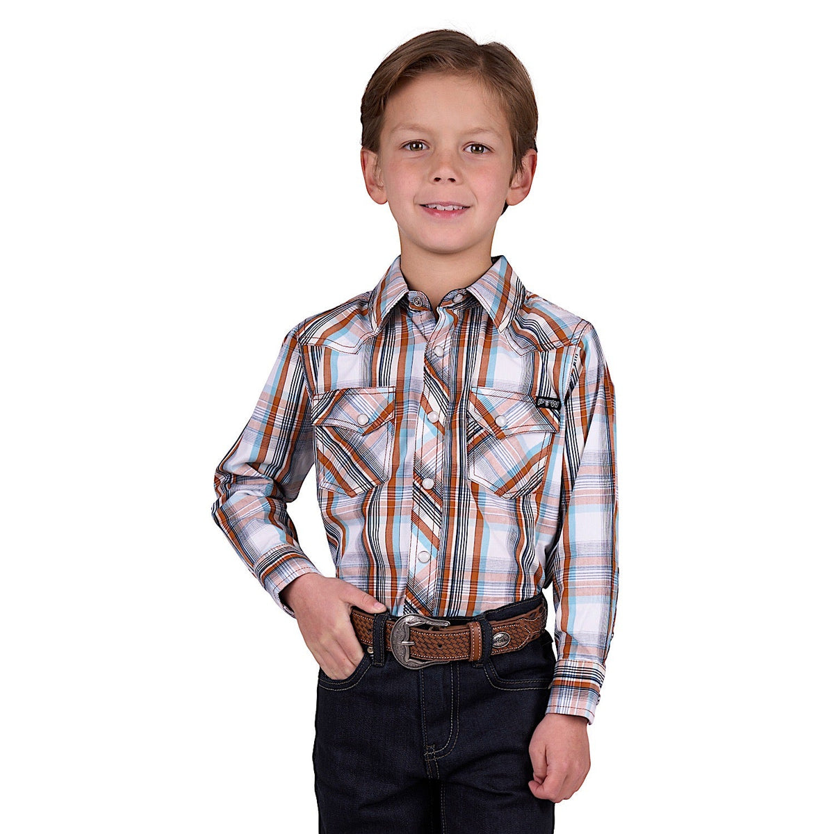 Pure Western Boy’s Axel Check Western Shirt - Tan