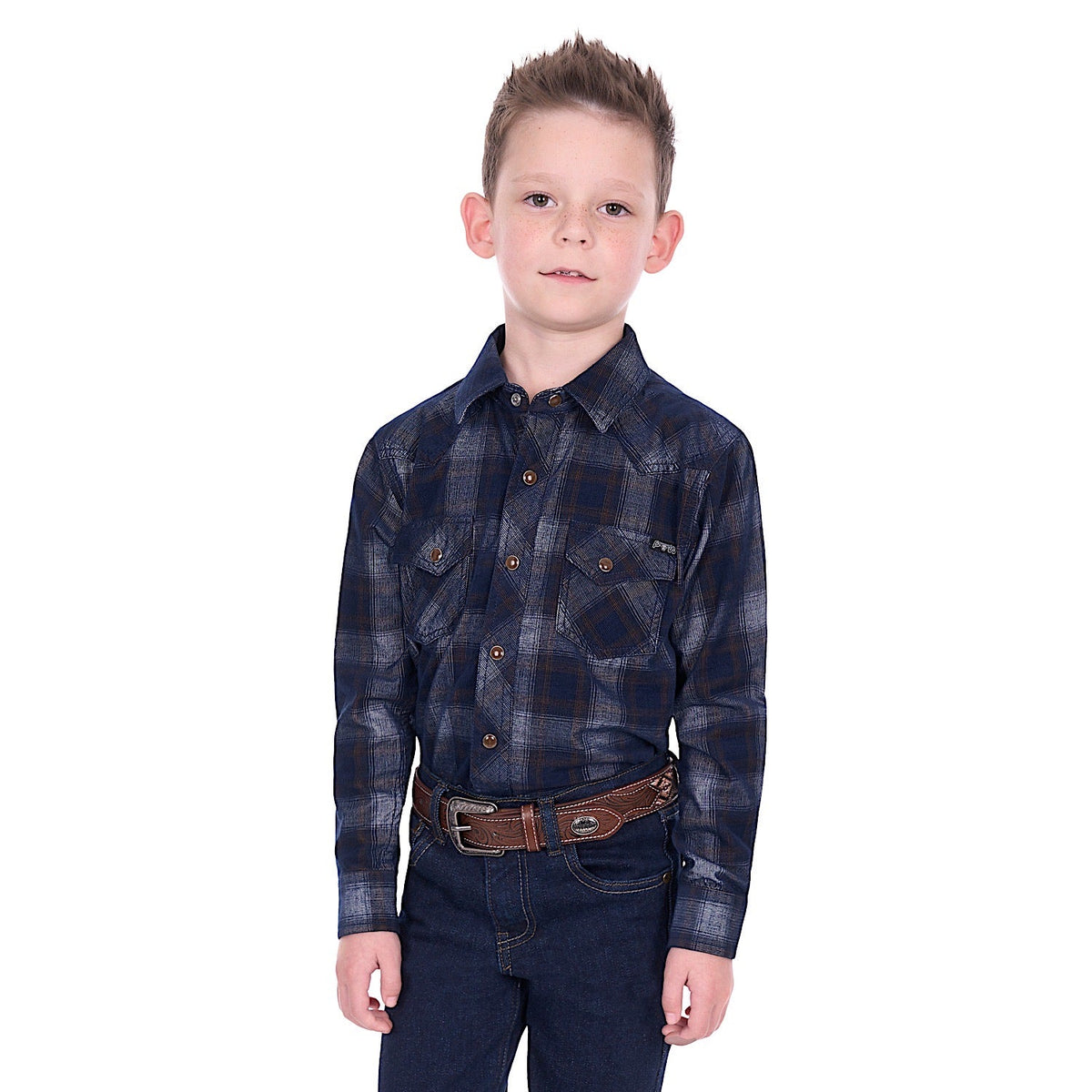 Pure Western Boy’s Harley Cord Shirt - Navy/Tan