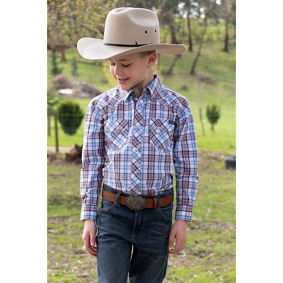Pure Western Boys Lucas Check Western L/S Shirt White/Blue