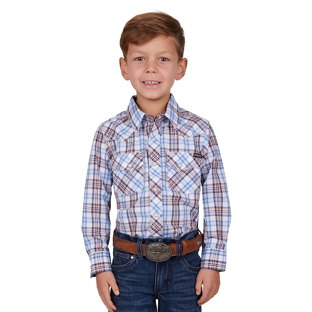 Pure Western Boys Lucas Check Western L/S Shirt White/Blue