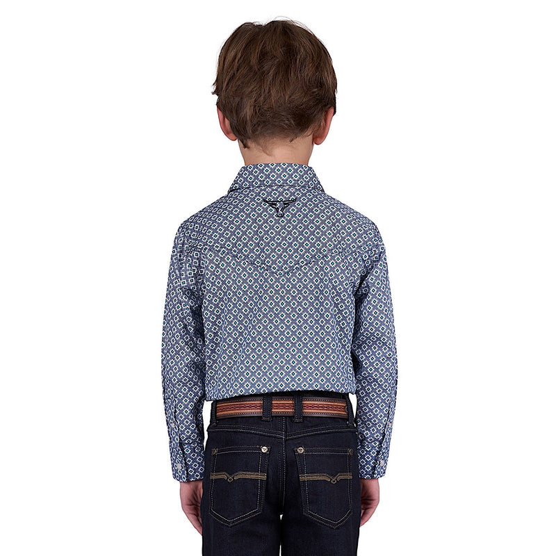 Pure Western Boy’s Mark Print Western Shirt - Navy/Teal