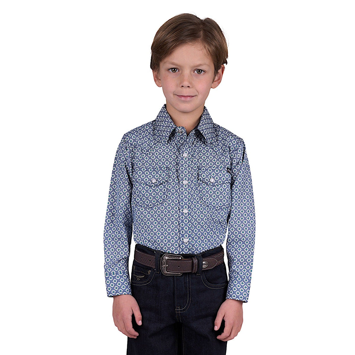Pure Western Boy’s Mark Print Western Shirt - Navy/Teal