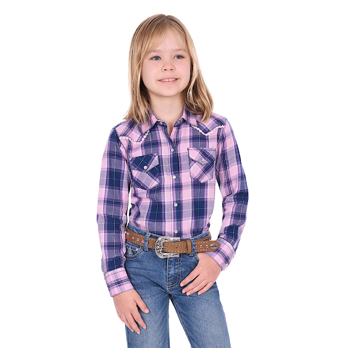 Pure Western Girl’s Arleen Shirt - Pink/Navy