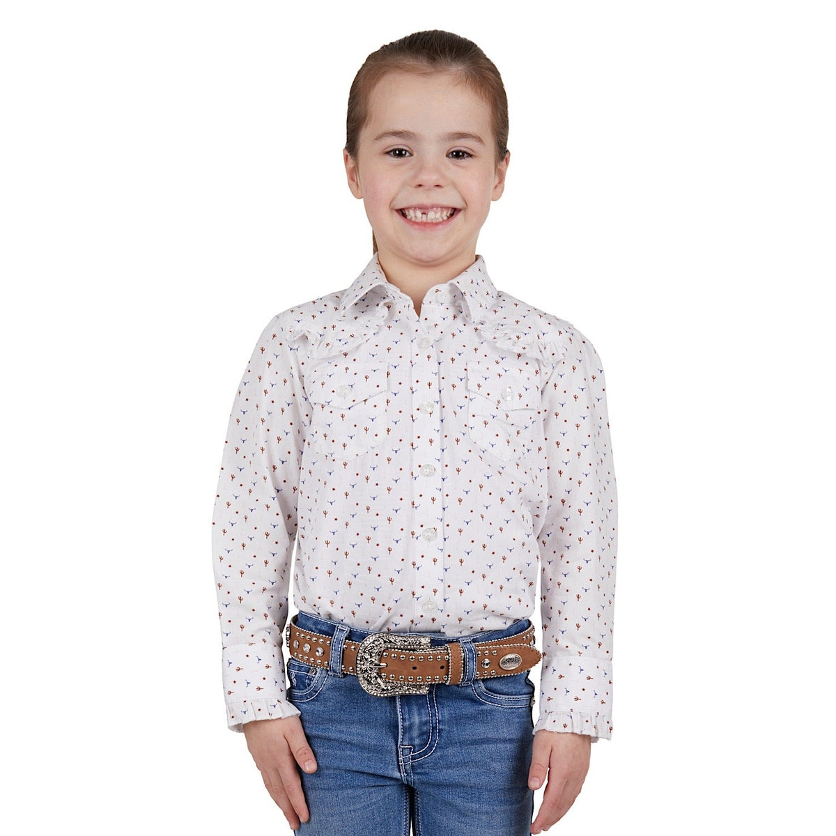 Pure Western Girls Clara Print Western L/S Shirt Ivory