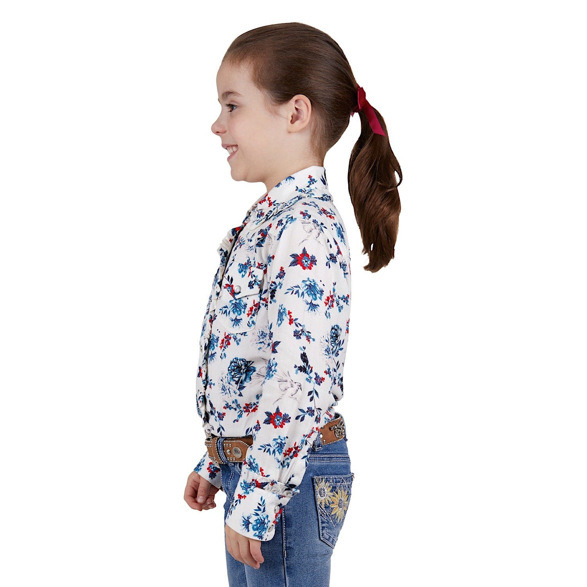 Pure Western Girls Flora Print Western L/S Shirt Egret/Multi