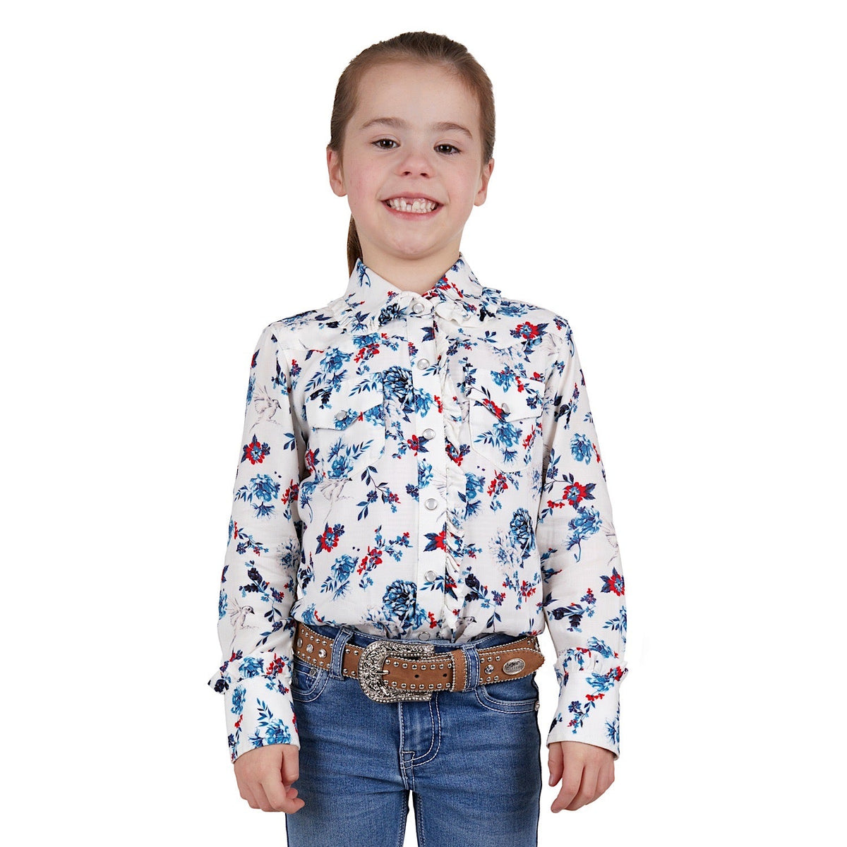Pure Western Girls Flora Print Western L/S Shirt Egret/Multi