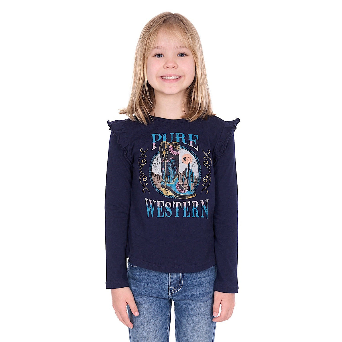Pure Western Girl’s Trinity Long Sleeve T-Shirt - Navy