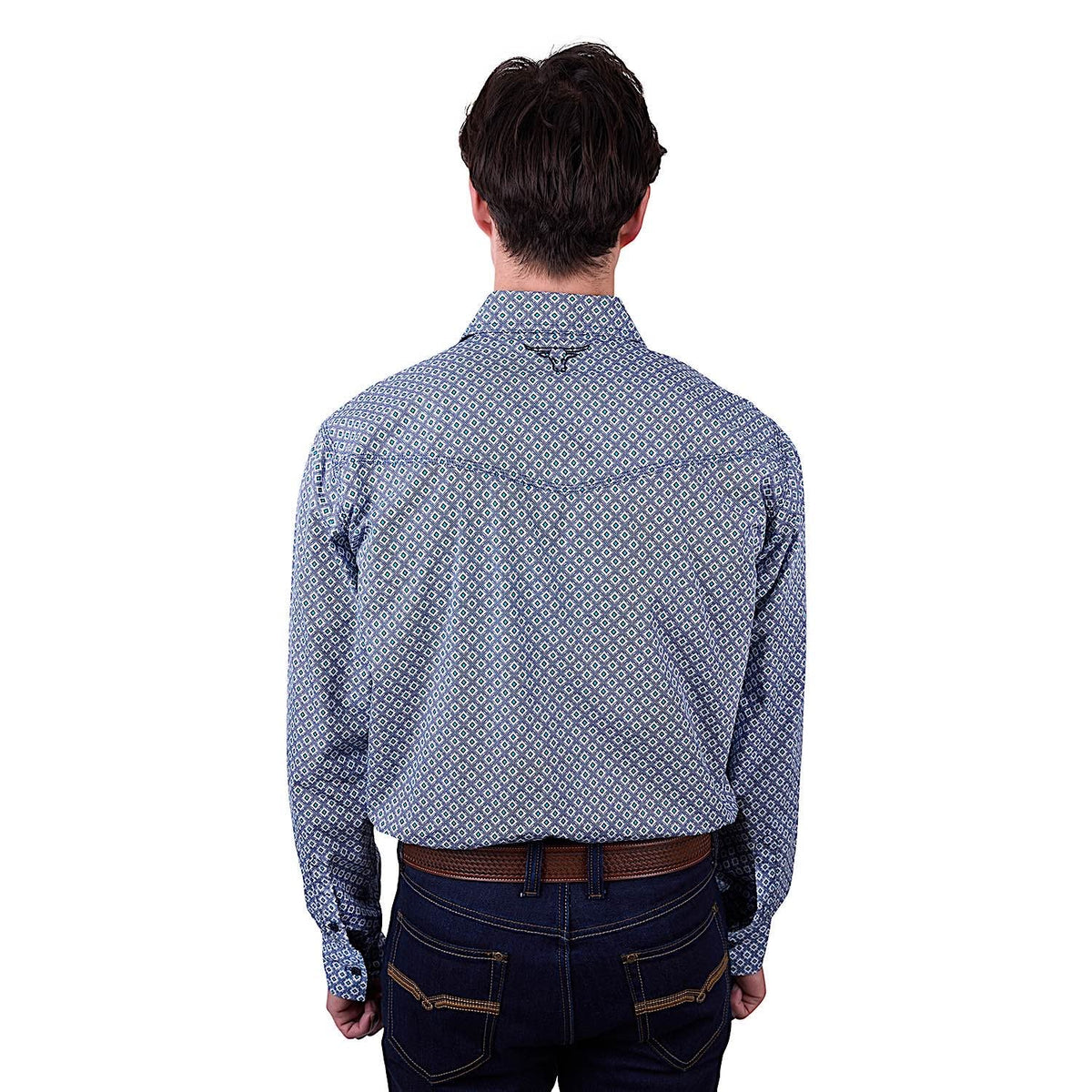 Pure Western Men’s Mark Print Western Button Down Shirt - Navy/Teal