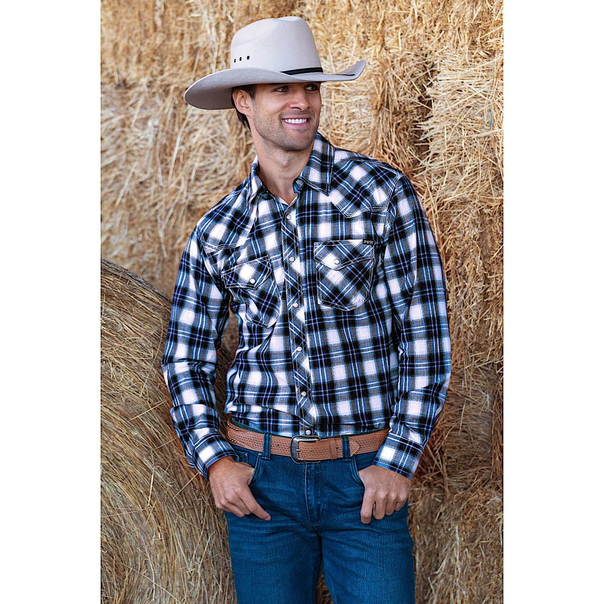 Pure Western Mens Mitchell Shirt-Blue/Black