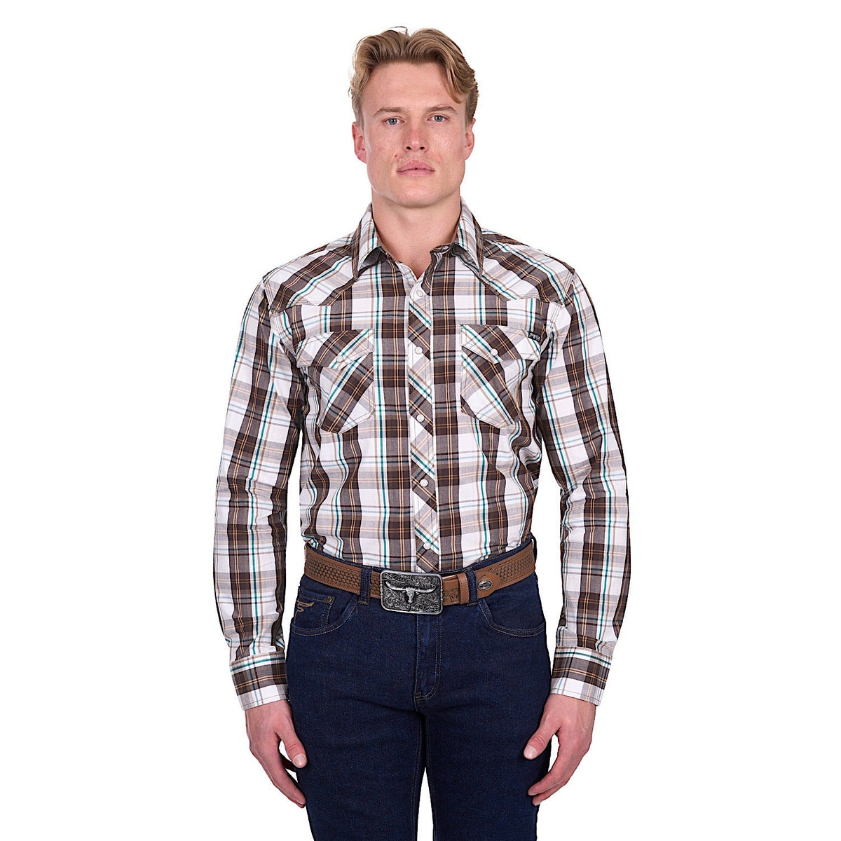 Pure Western Men’s Roger Shirt - Dark Tan/White