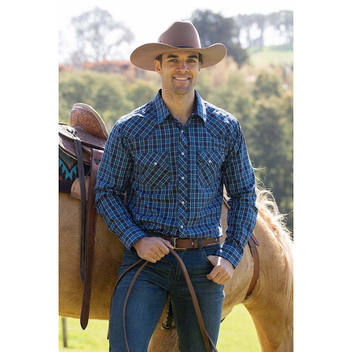 Pure Western Mens Rowan Check Western L/S Shirt Navy/Red