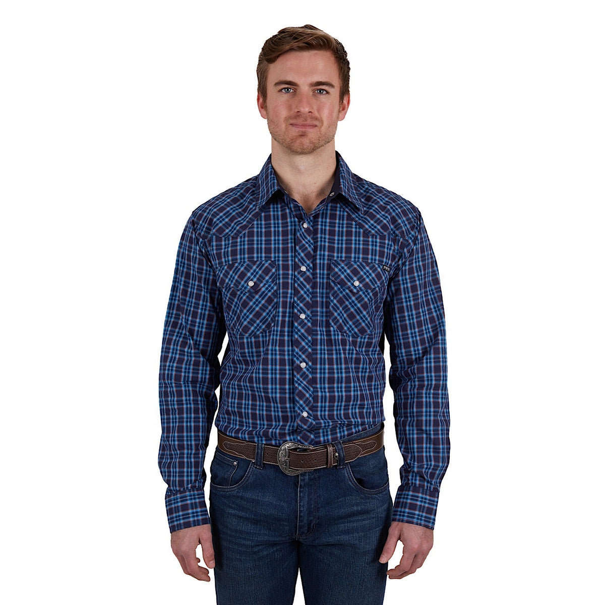 Pure Western Mens Rowan Check Western L/S Shirt Navy/Red