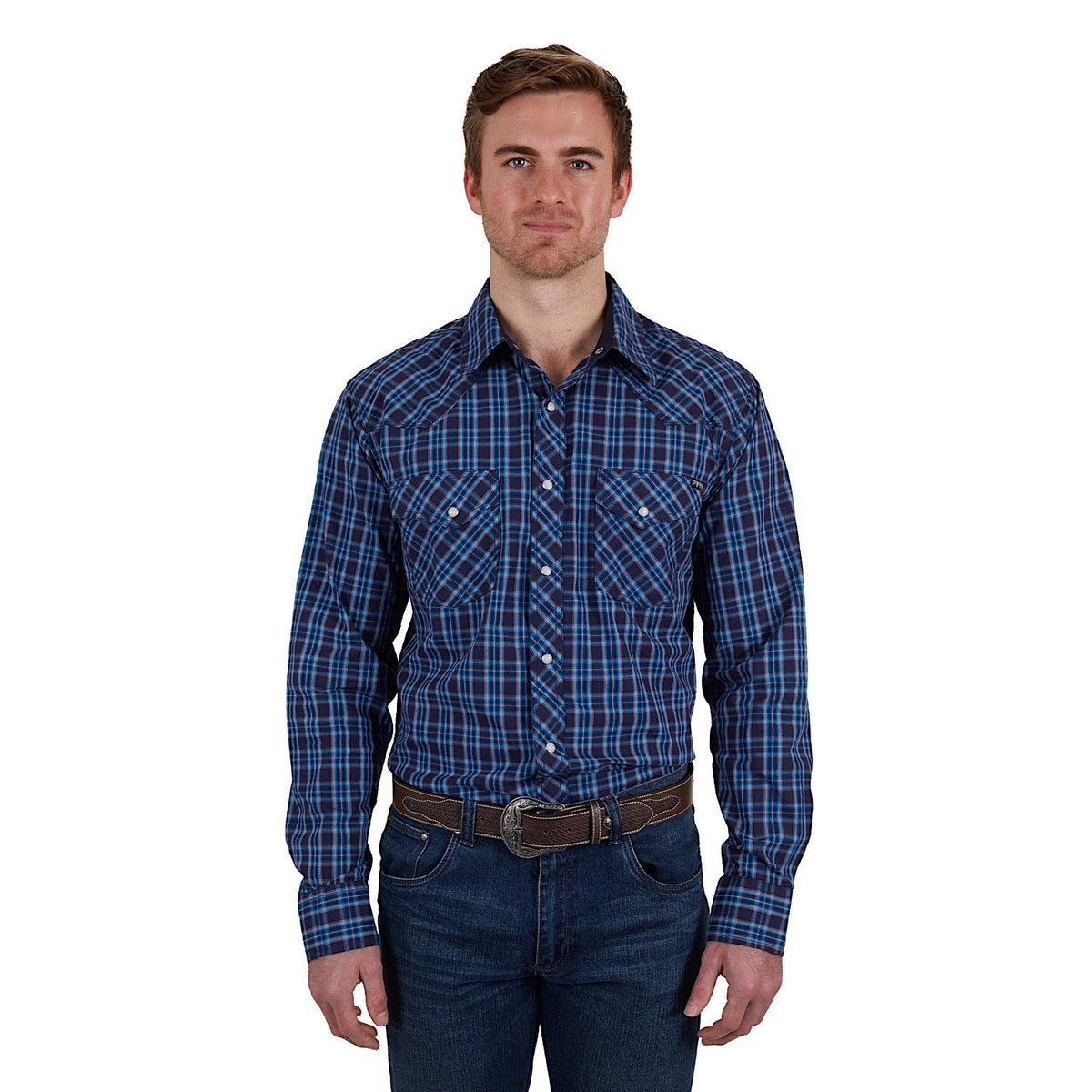 Pure Western Mens Rowan Check Western L/S Shirt Navy/Red