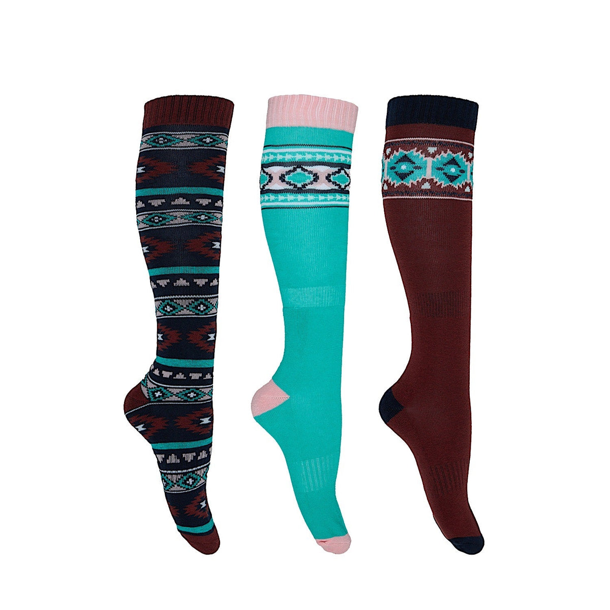 Pure Western PW Adult Riding Socks (3 Pack) - Turquoise/Rust