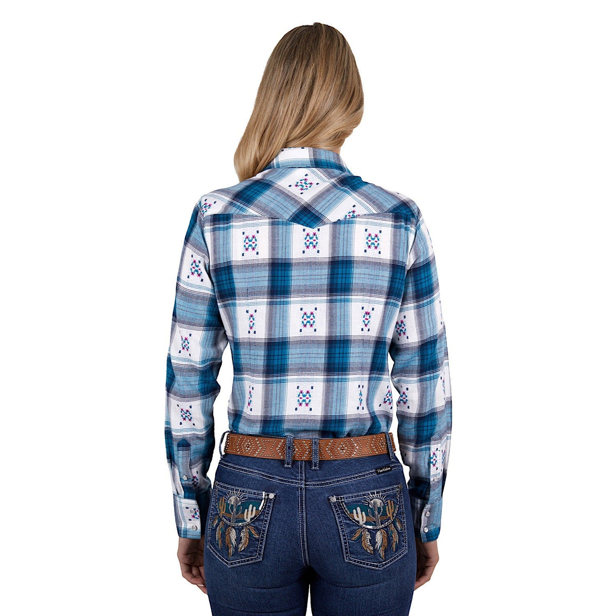Pure Western Womens Carita Check Western L/S Shirt Navy/Teal