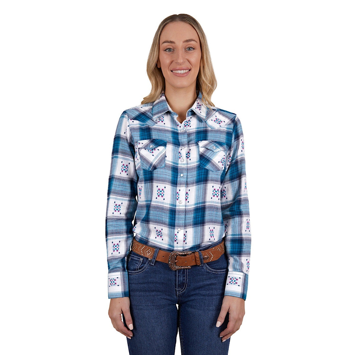 Pure Western Womens Carita Check Western L/S Shirt Navy/Teal